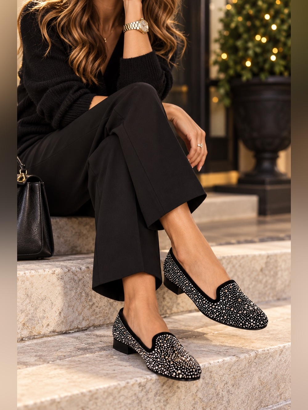 Stuart Weitzman Slipbeads Crystal Rhinestone Studded Black Loafers 7.5
